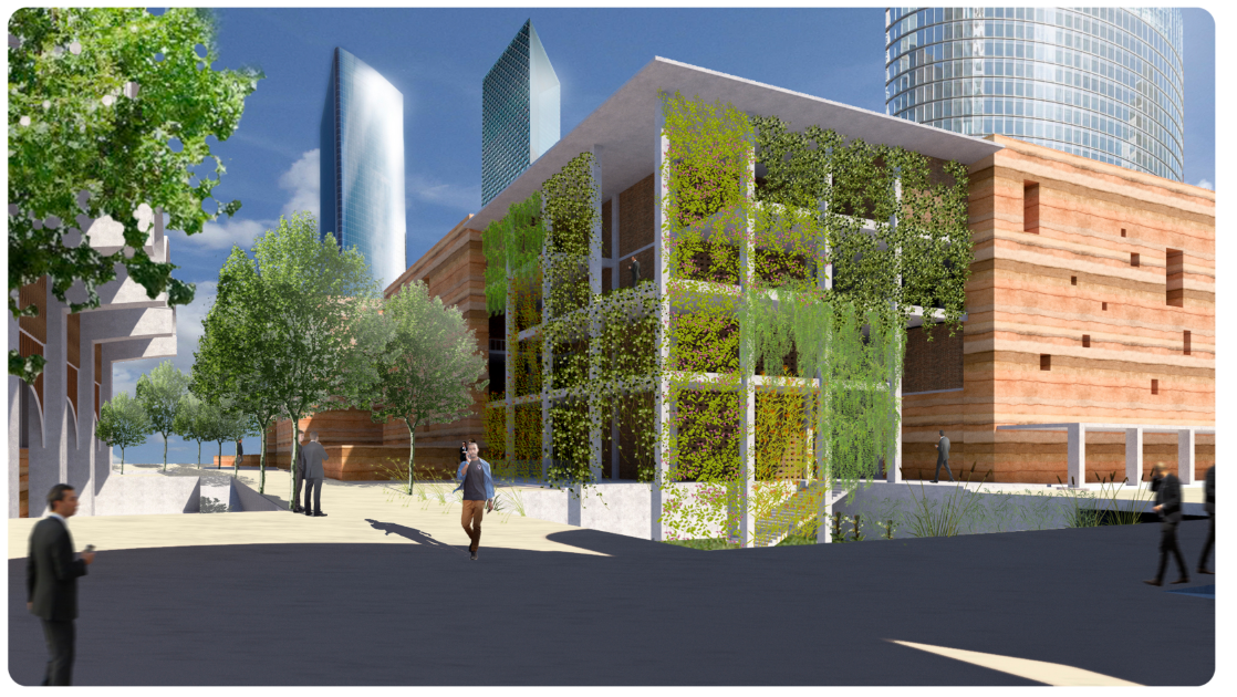 Green facade integrating natural vegetation with rammed earth walls.
