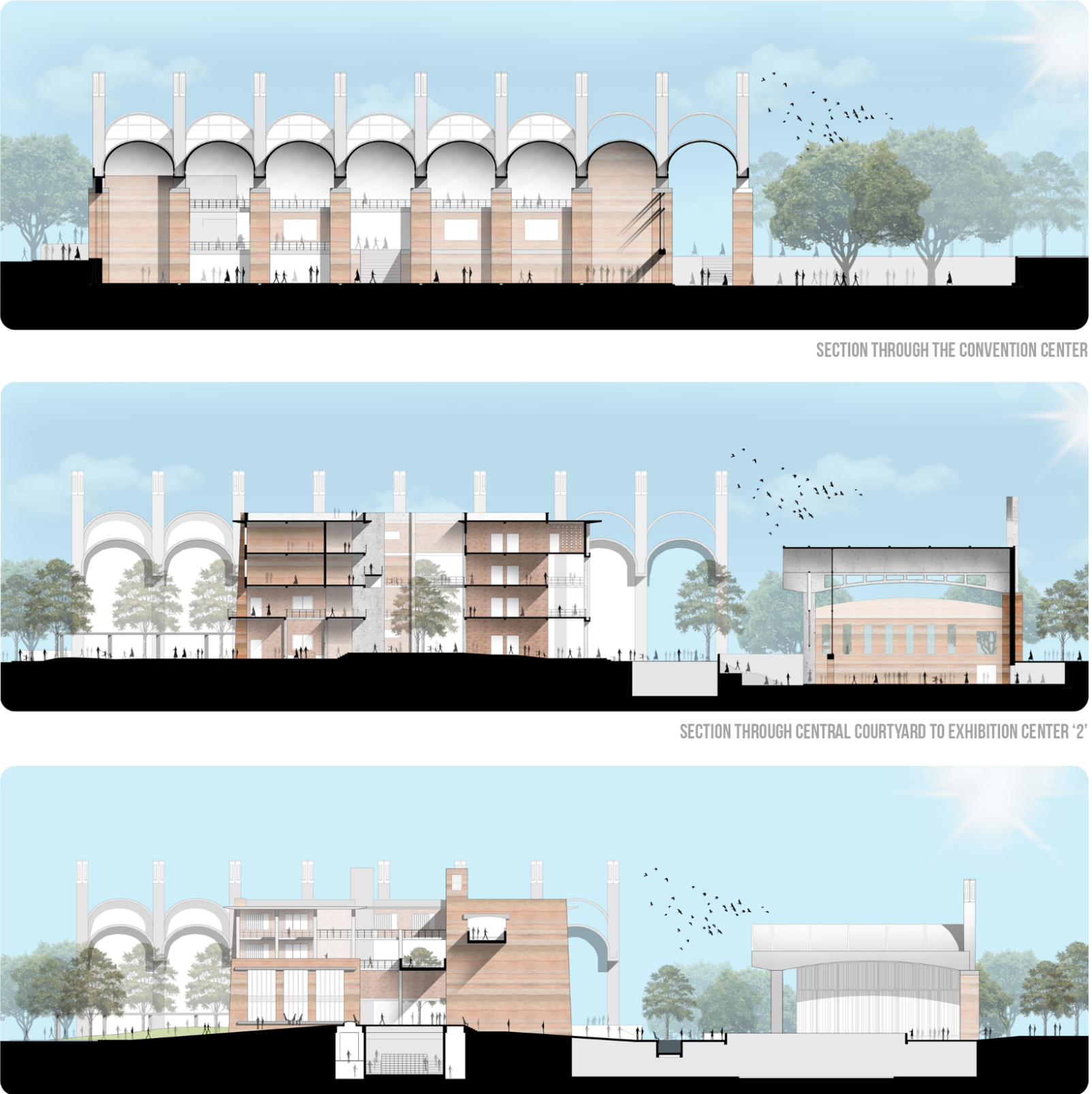 Sectional views illustrating the connectivity between the convention center, central courtyard, and exhibition spaces with open-to-sky elements.