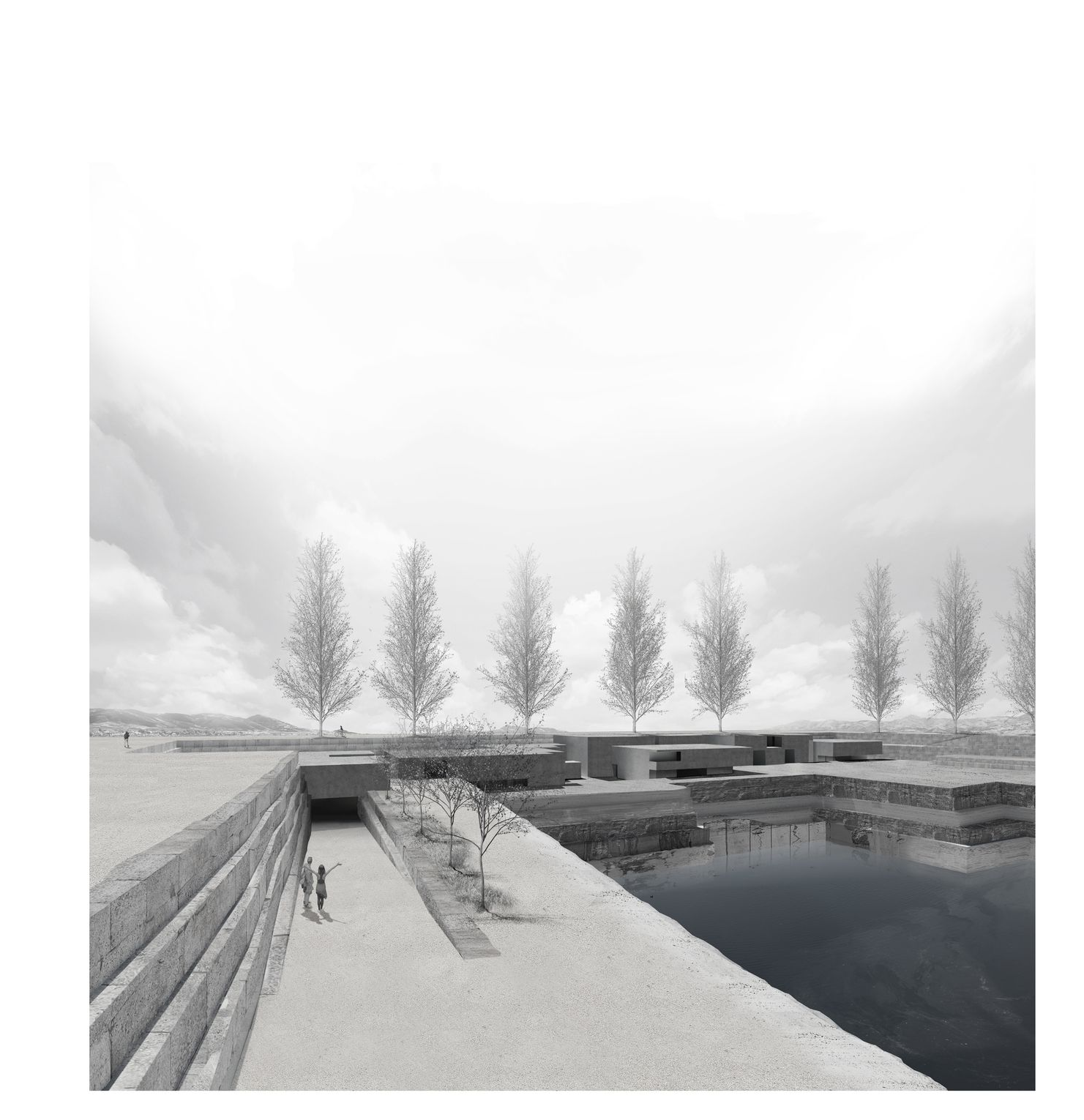 A serene pathway combining natural and architectural elements.