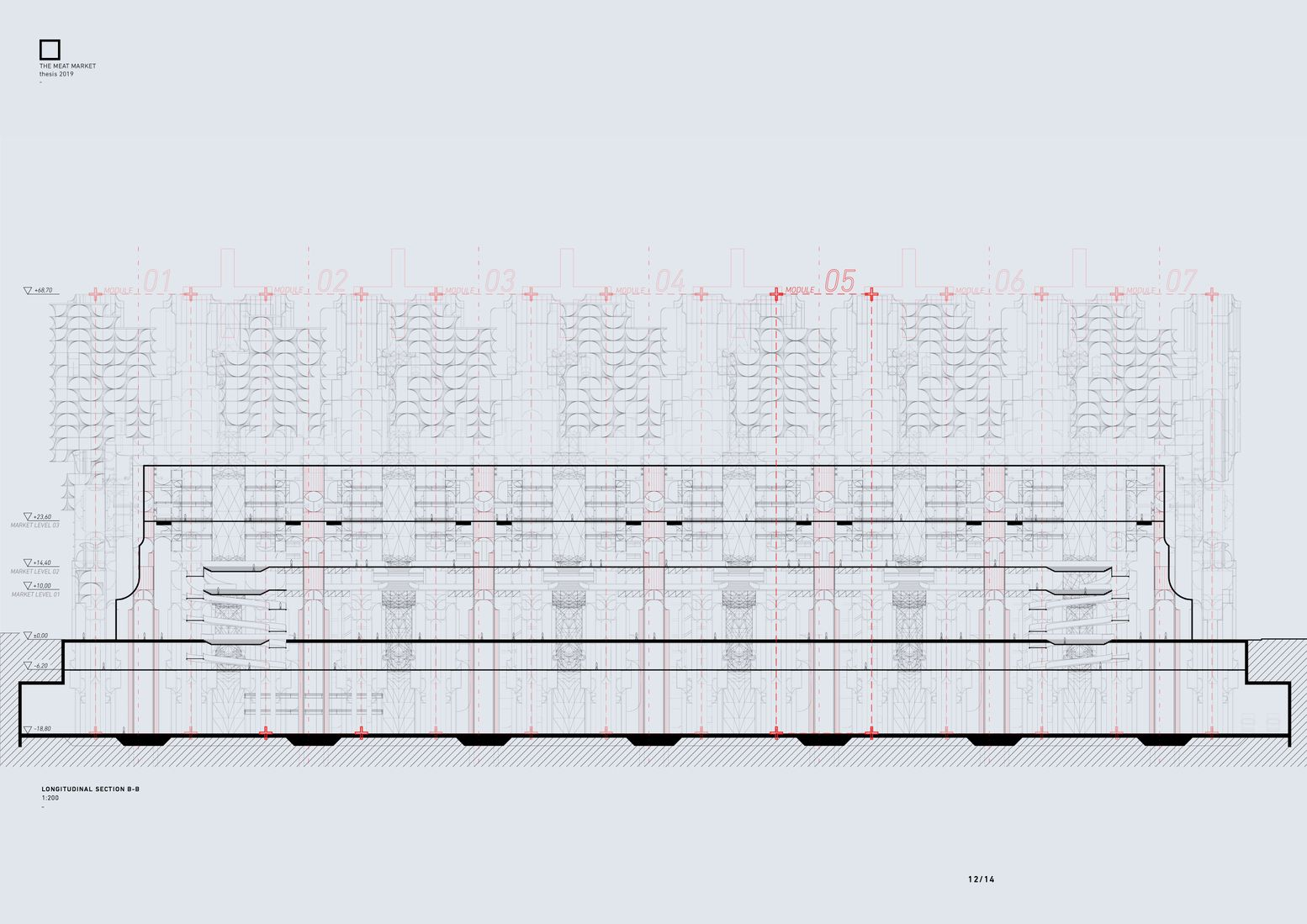 This longitudinal section of the Meat Market reveals its modular organization and layered functionality.