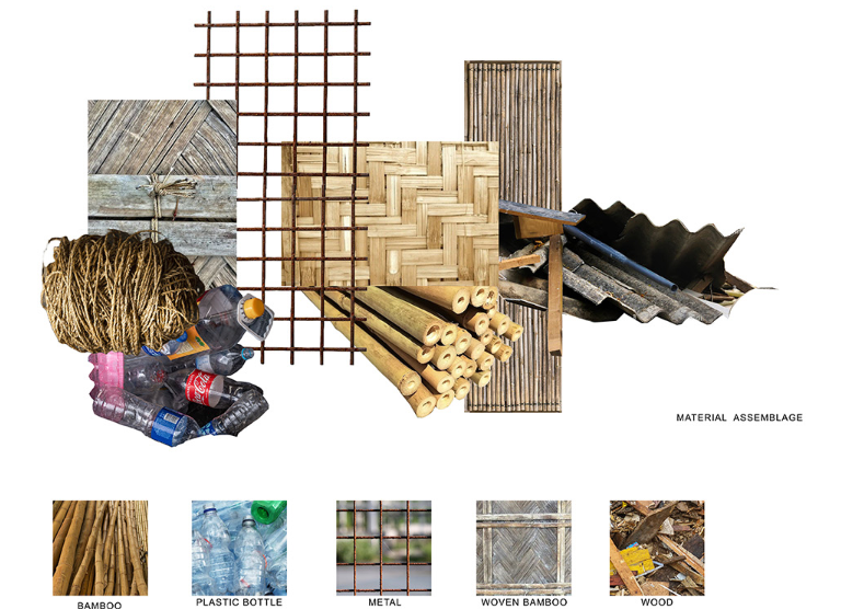 Material palette showcasing sustainable and recycled components, including bamboo, plastic bottles, metal mesh, and woven bamboo.