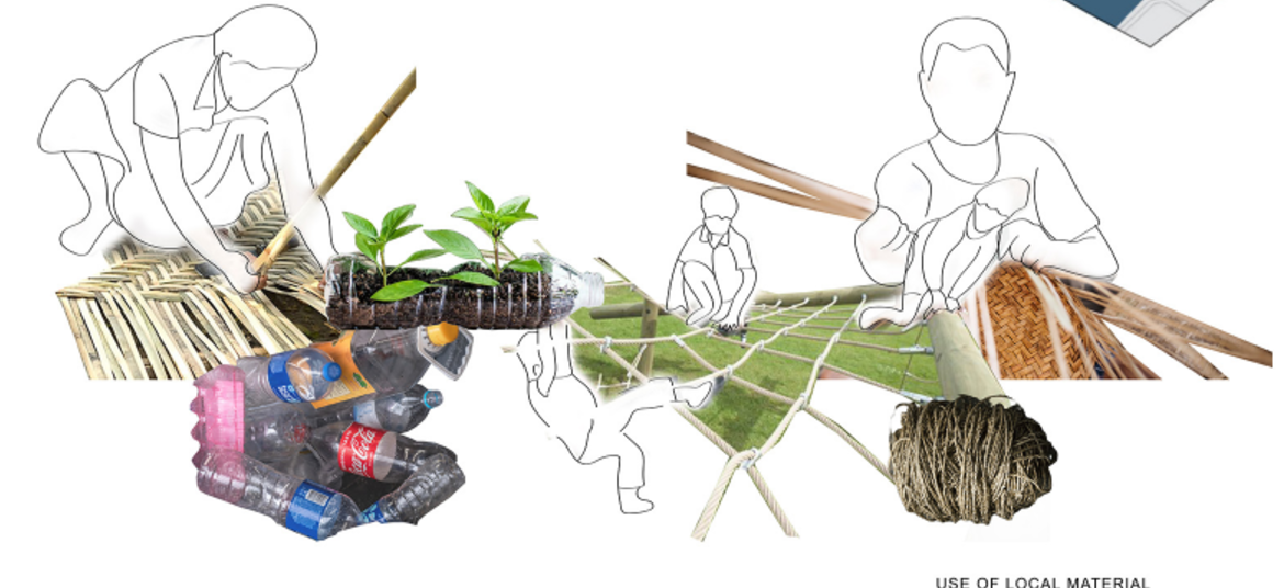 Children engage in crafting and planting activities using locally sourced and recycled materials, fostering community creativity and sustainability.