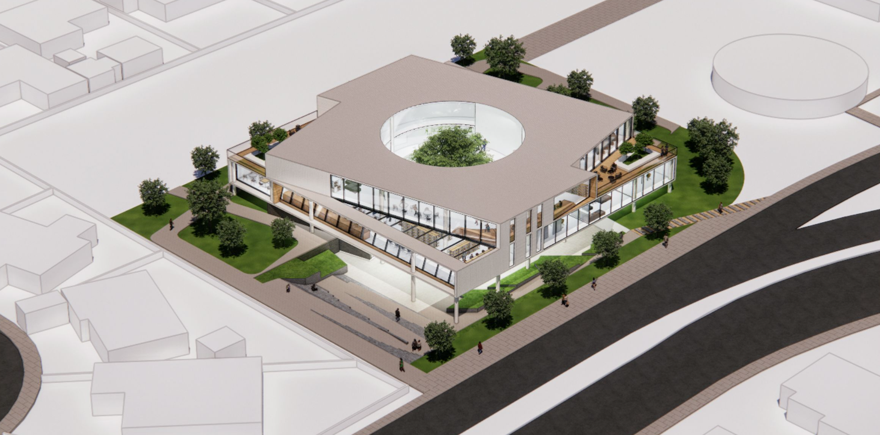 An aerial perspective of the library's innovative circular design, blending sustainability and aesthetics.