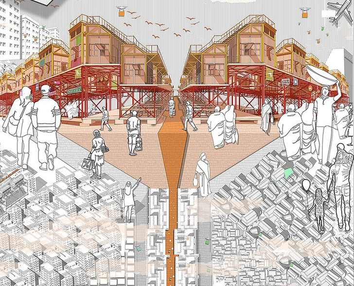 A vision of inclusivity: Sustainable urban architecture bridging economic and social divides, transforming slum communities into thriving hubs.