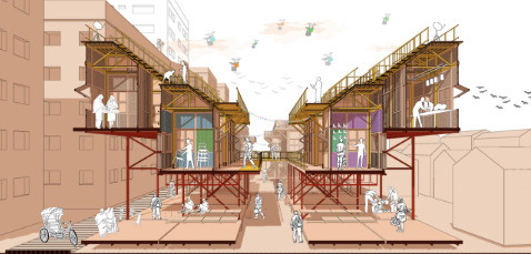 Entrepreneurial hub: Elevated modular structures fostering economic growth and collaboration in urban slum communities.