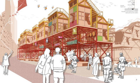Vibrant streetscape: Modular market spaces enhancing accessibility and fostering community interaction in urban slum redevelopment.