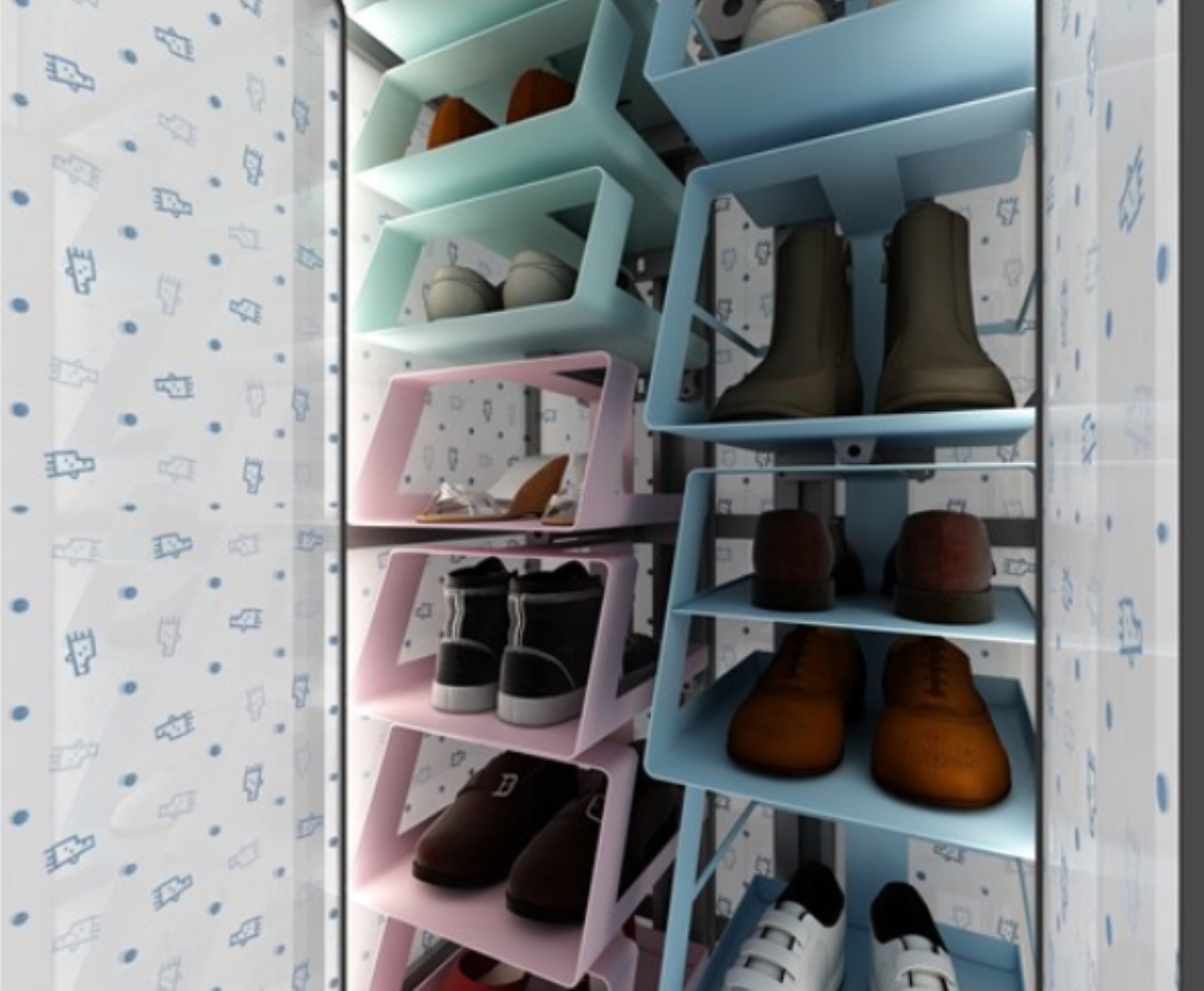 Efficient internal shelving system – customized compartments for various shoe types.