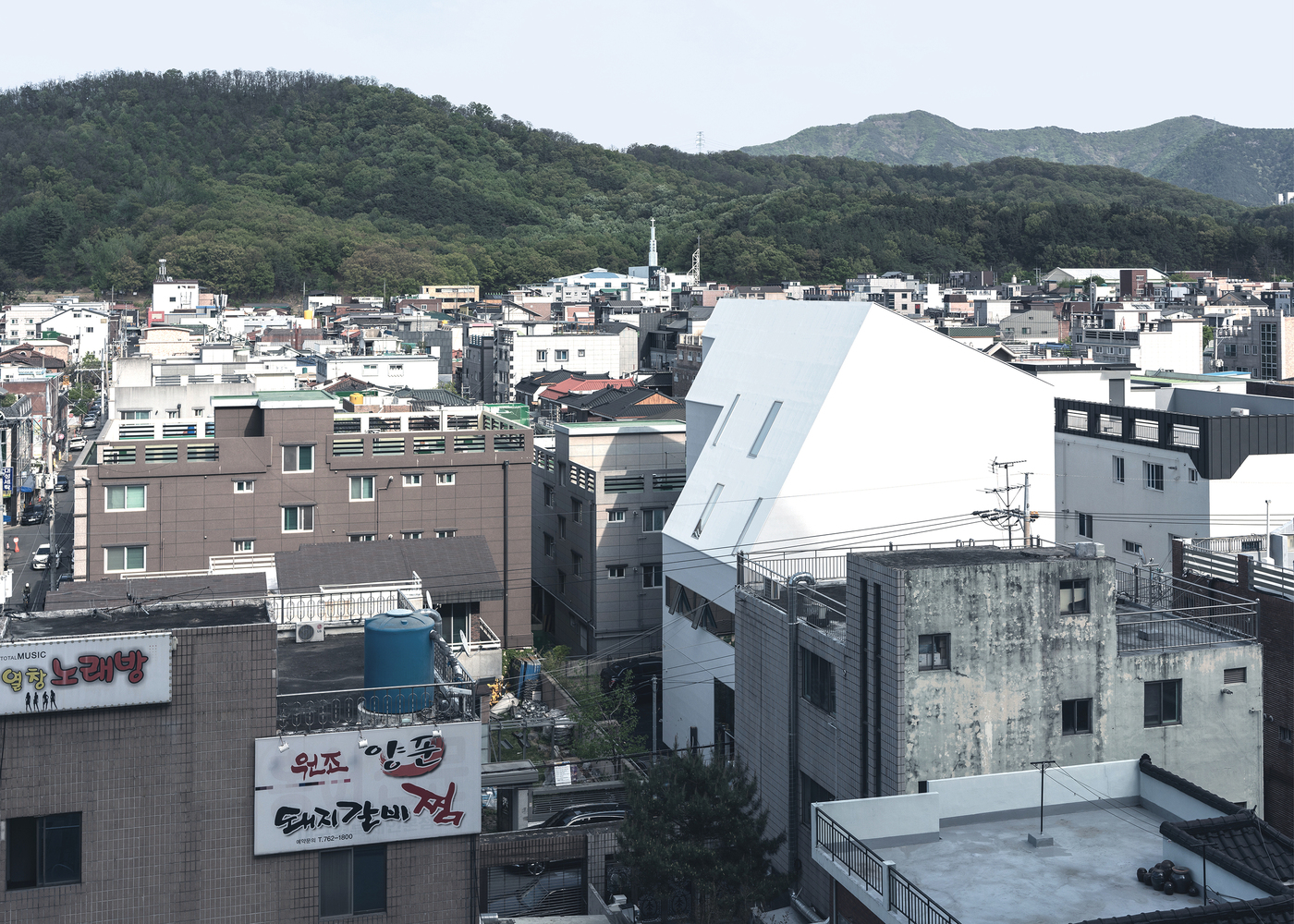 Tilted white roofplane rising above the densely packed neighborhood roofscape with forested hills beyond