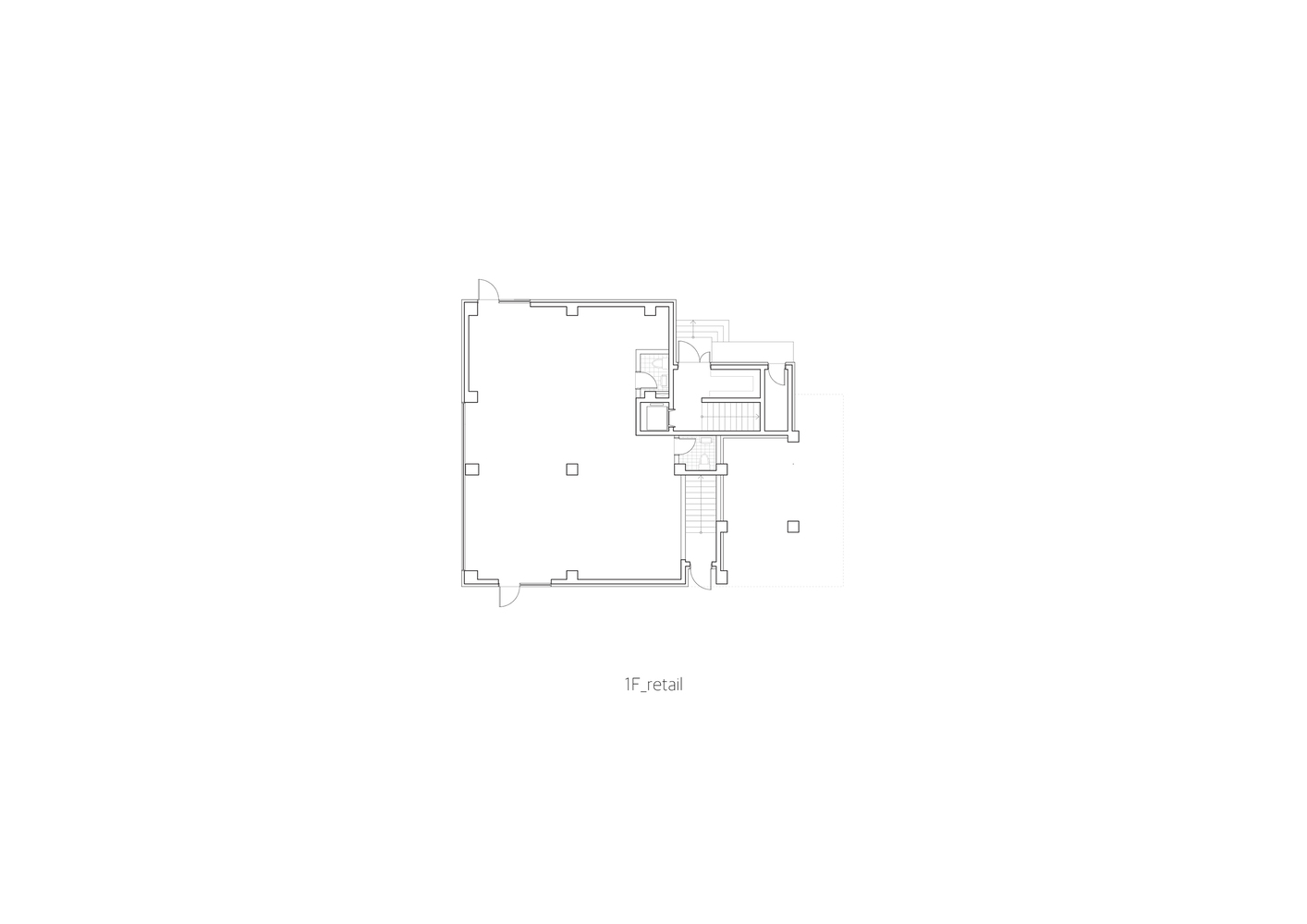 Floor plan drawing of the retail level showing a large open space with a central stair