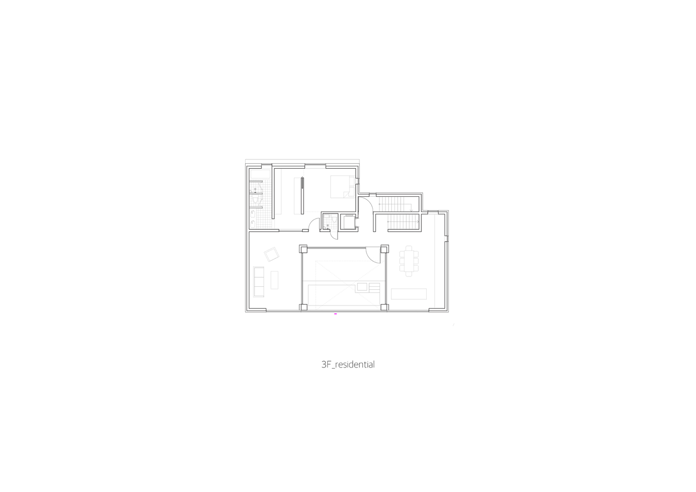 Floor plan drawing of the residential level with living area and service rooms around a central stair