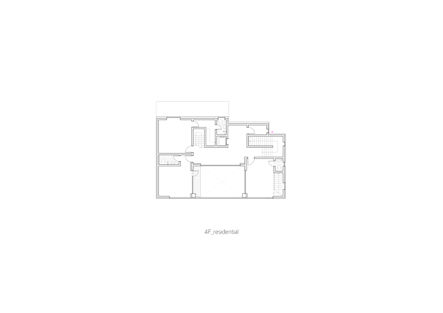Floor plan drawing of the upper residential level showing multiple rooms with a rooftop terrace above