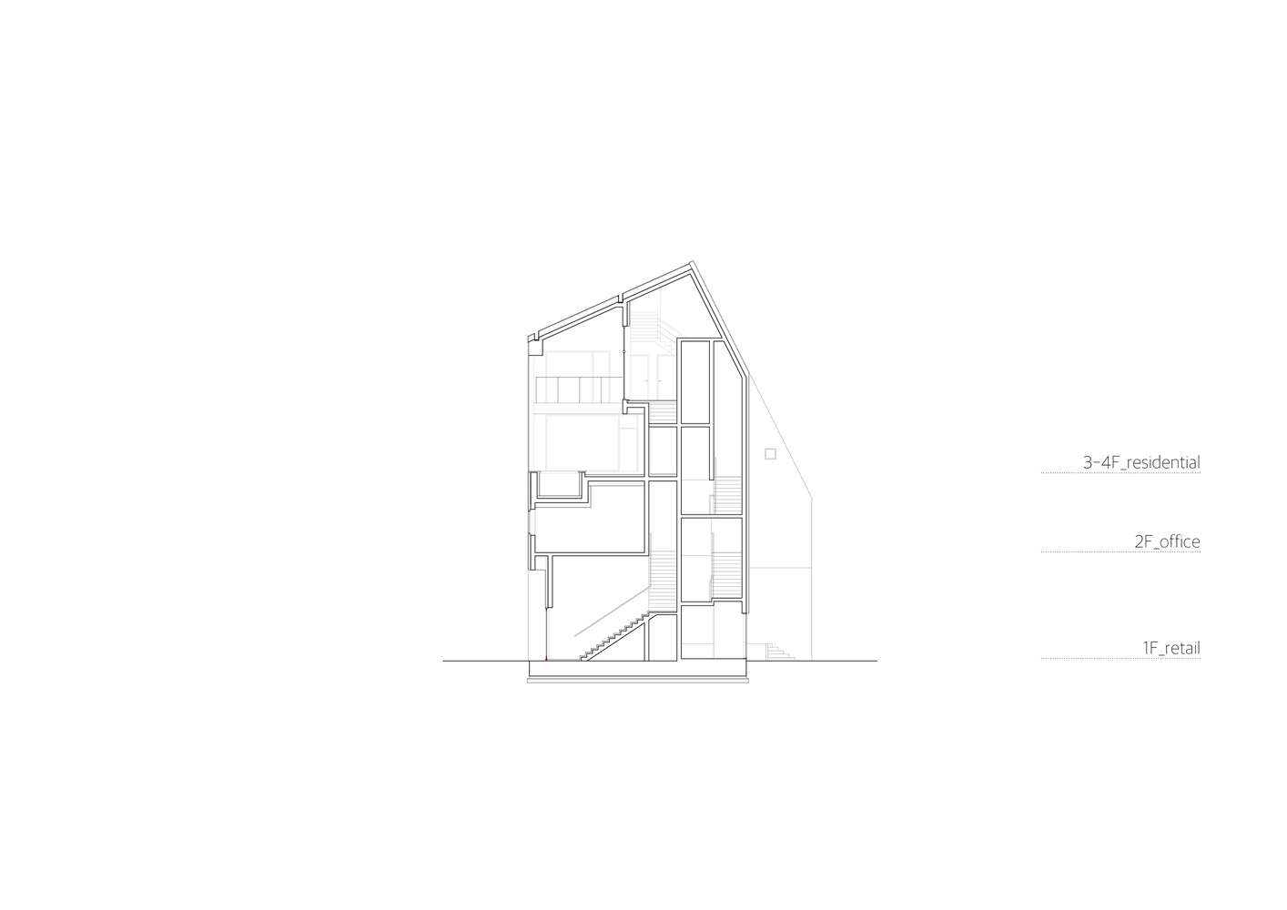 Section drawing showing four stacked floors with sloped roofline and interior stairs connecting the levels