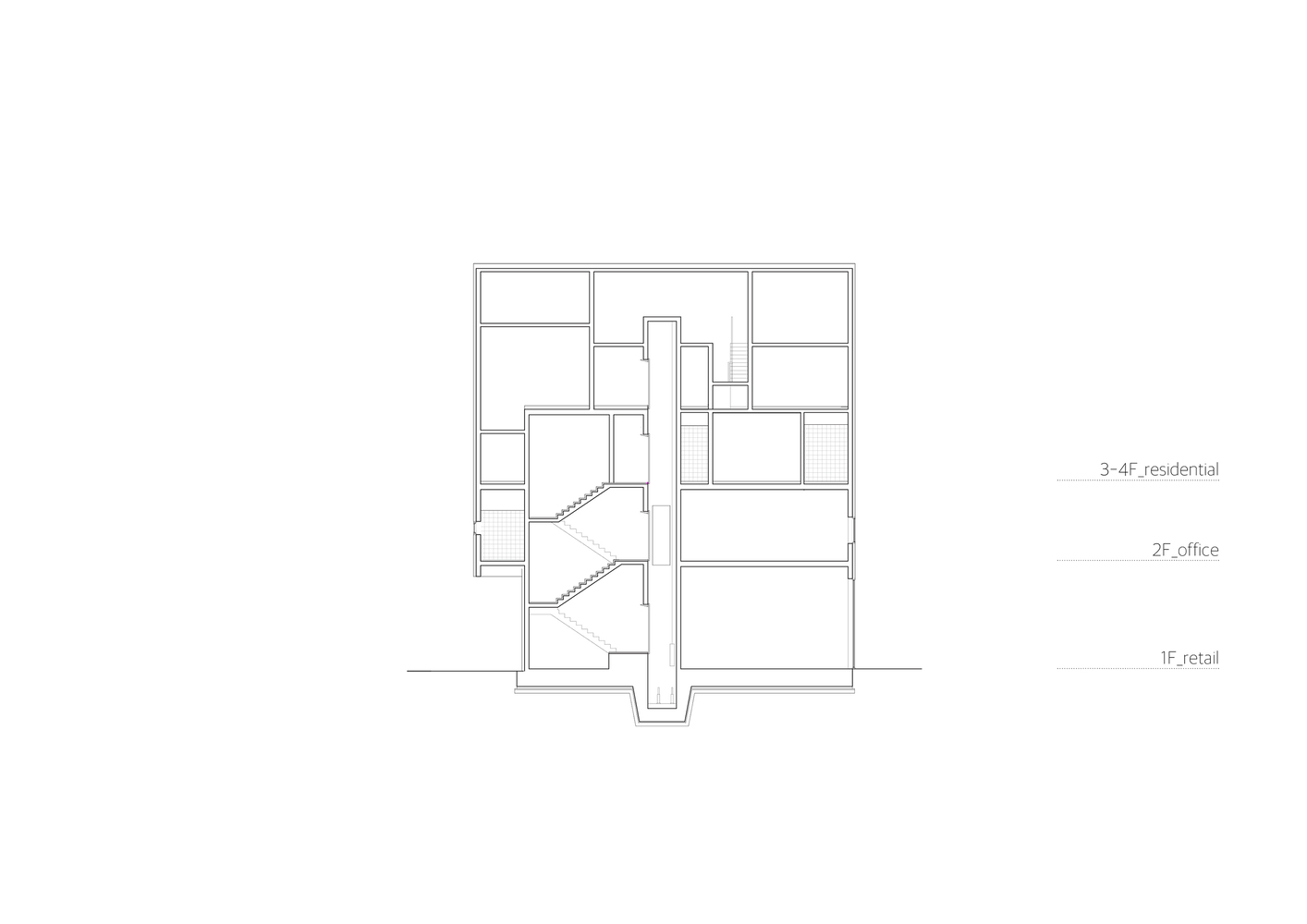 Section drawing revealing central stairwell connecting retail, office and residential floors in a compact volume