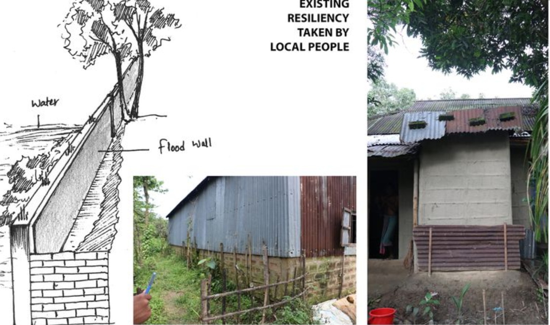 Examples of existing flood resilience measures implemented by local residents, including flood walls and raised structures.
