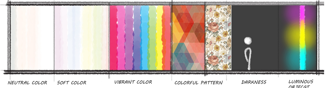 A palette of neutral, soft, vibrant colors, and luminous objects, fostering mood-specific sensory experiences.