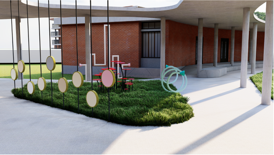 A playful outdoor space designed to foster interaction and sensory engagement, blending functionality with aesthetic charm.