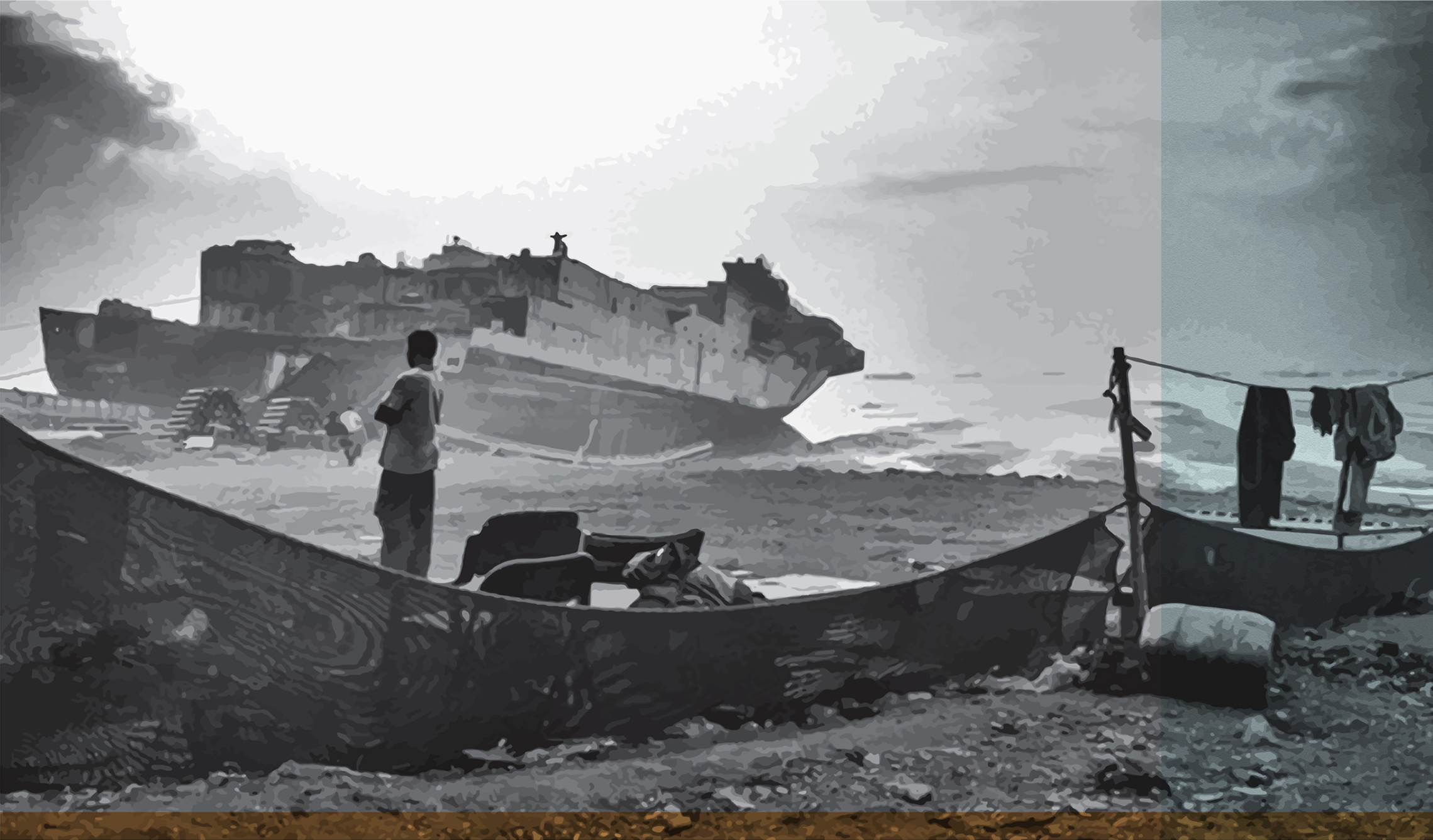 The skeletal remains of ships serve as both a metaphor and material resource for urban transformation.