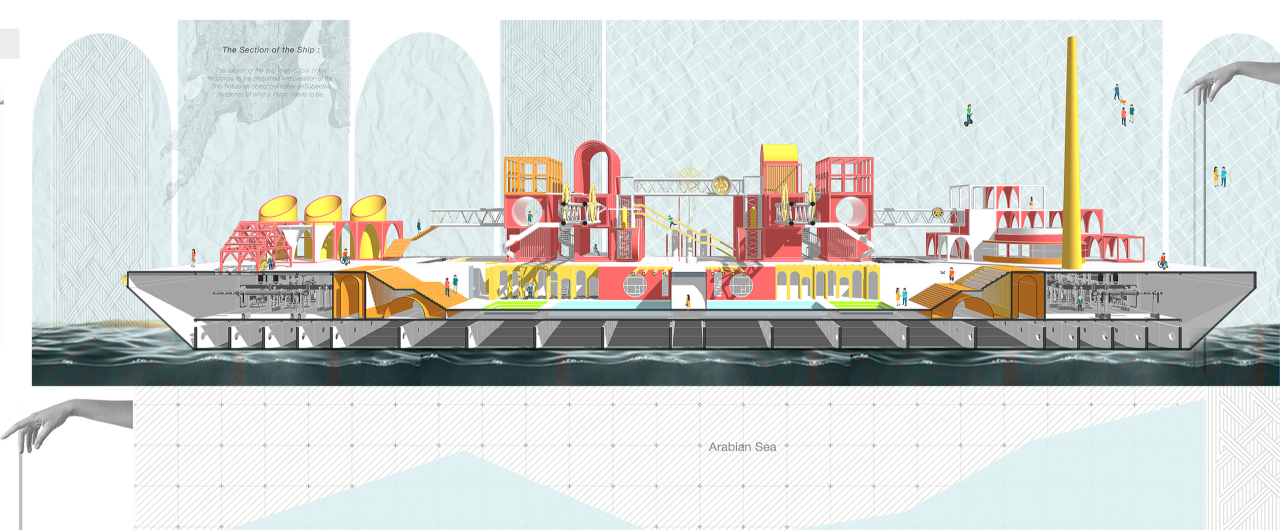A conceptual cross-section highlights the ship as a social and ecological plug-in.
