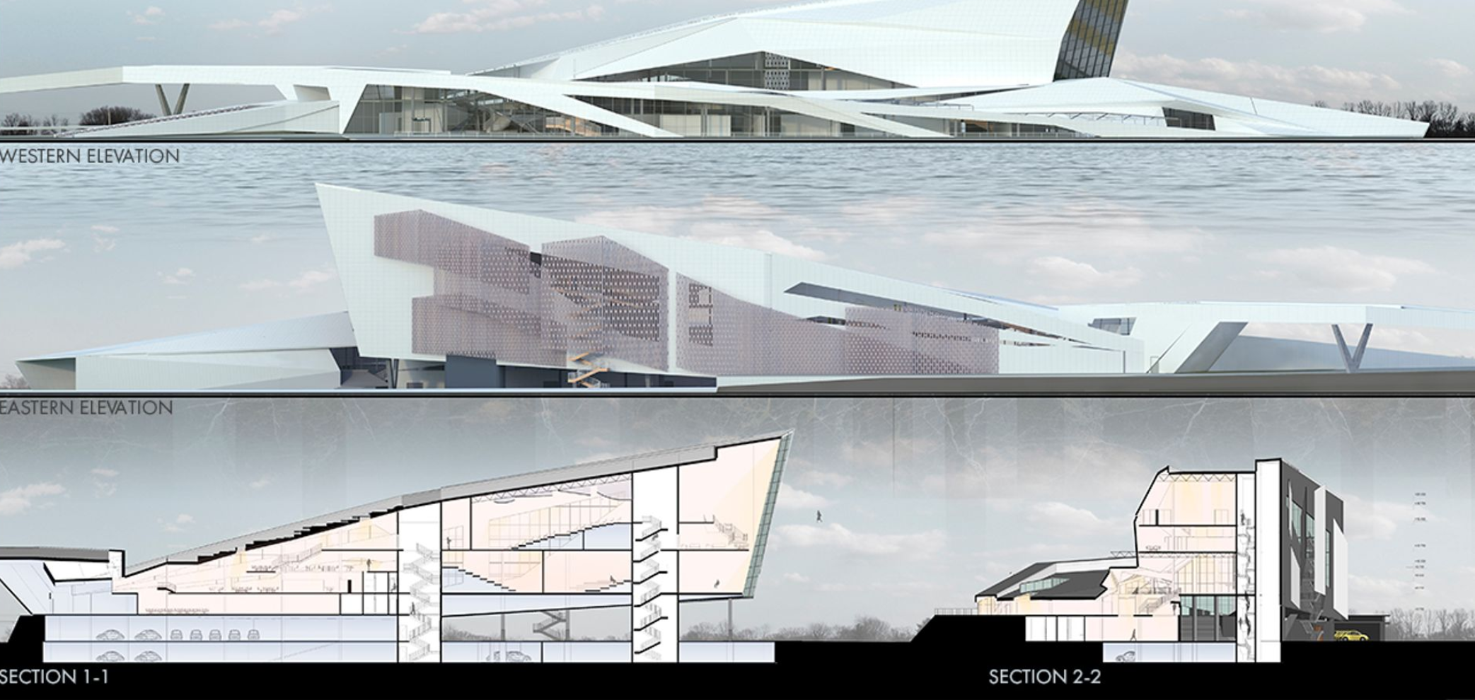 Architectural elevations and sections highlight the intricate design and multifunctional structure of the Cultural Center.