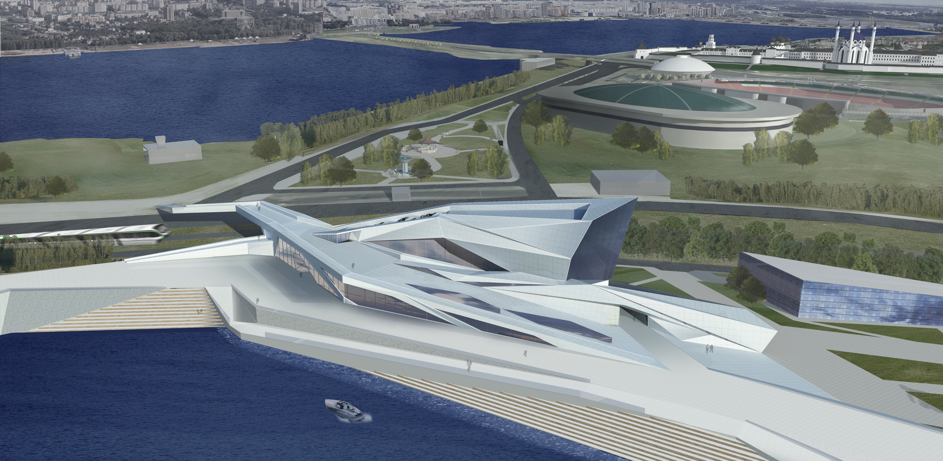 An aerial view showcasing the Cultural Center's seamless integration with the surrounding urban and natural landscapes.
