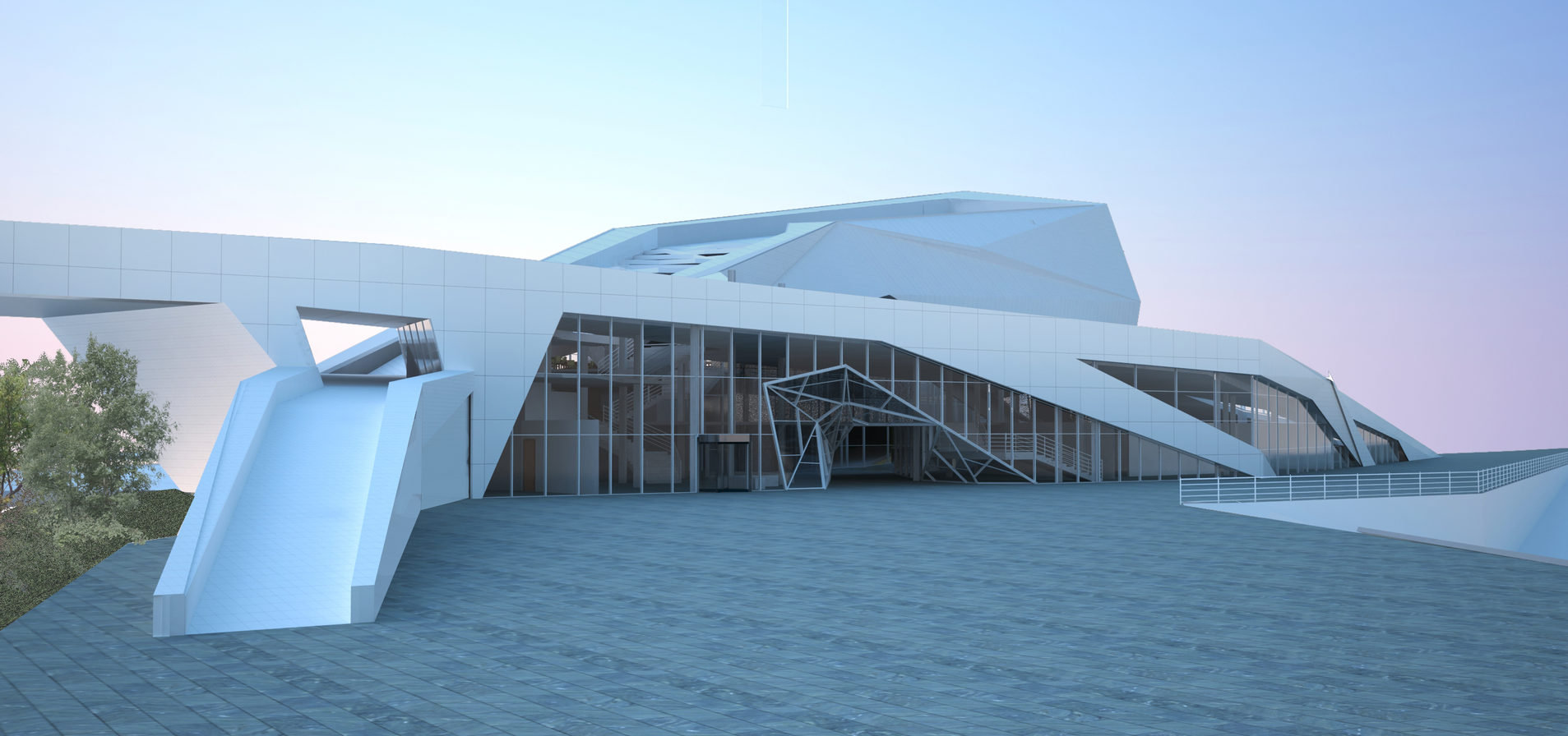 Dynamic pathways and glass elements define the Cultural Center's contemporary architectural identity.