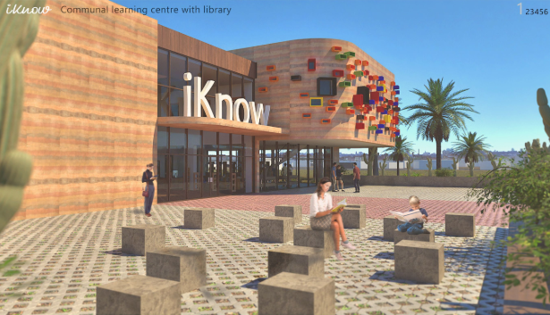 A welcoming front view of the iKnow Library, showcasing its modern and eco-friendly architectural design.