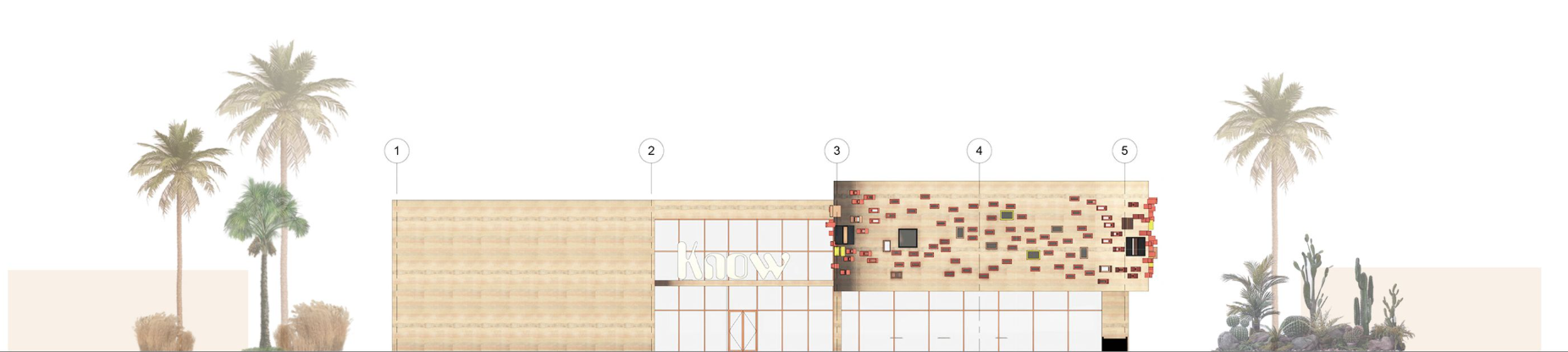 A detailed elevation of the iKnow Library, highlighting the vibrant facade design with colorful geometric accents.