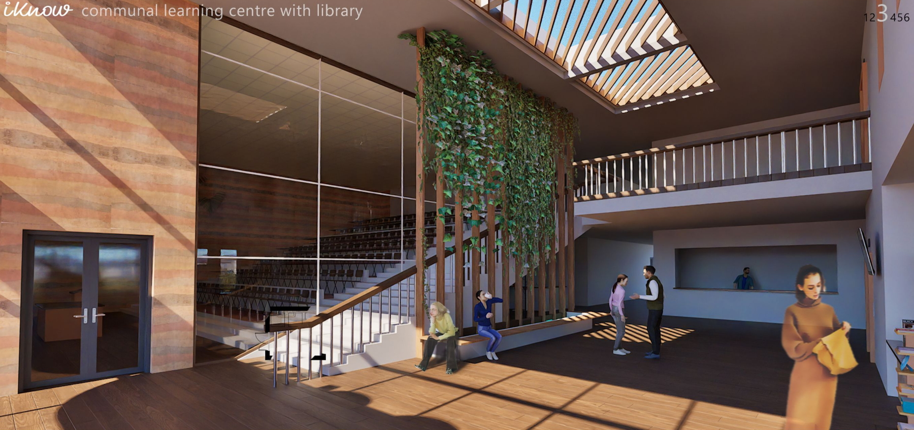 The lush and inviting interior of the iKnow Library, featuring sustainable materials and a green wall for natural cooling.
