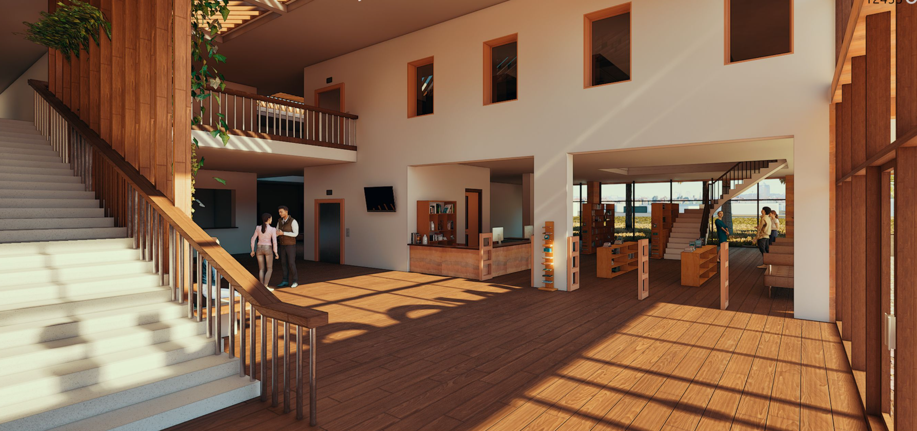 A bright and open library interior, offering cozy reading areas, interactive spaces, and a warm community atmosphere.