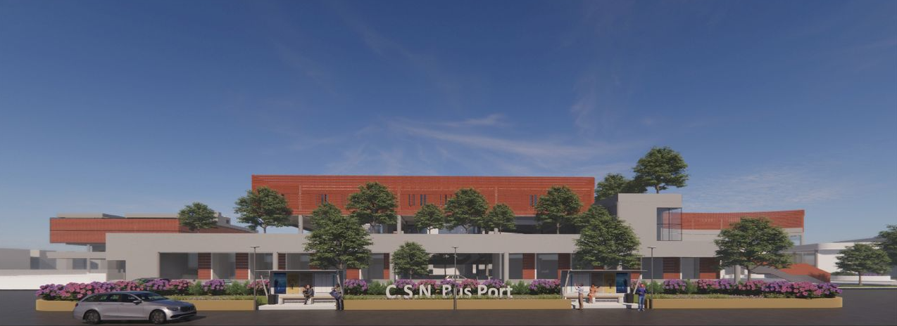 Front elevation of the C.S.N. Bus Port showcasing its innovative design, sustainable architecture, and community-centric spaces.