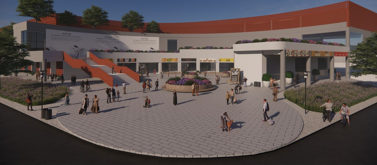 Vibrant courtyard of the C.S.N. Bus Port, blending community interactions, retail spaces, and sustainable landscaping for a modern transit experience.