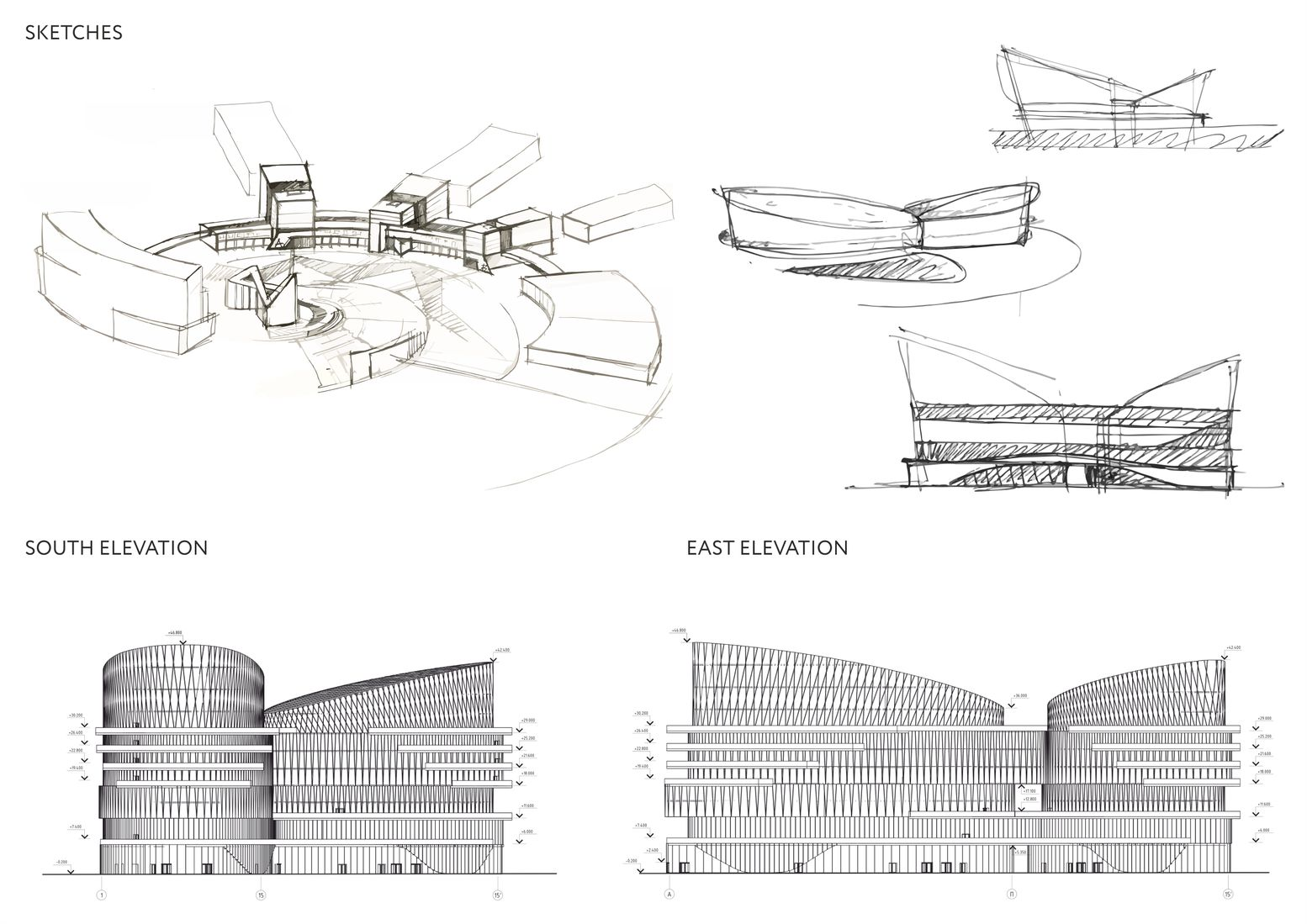 Concept sketches and elevations: Early design exploration highlighting the fluid forms and sustainable structure of Technopark