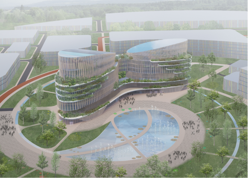 Central hub: A fusion of modern architecture and green spaces promoting sustainability and community engagement.