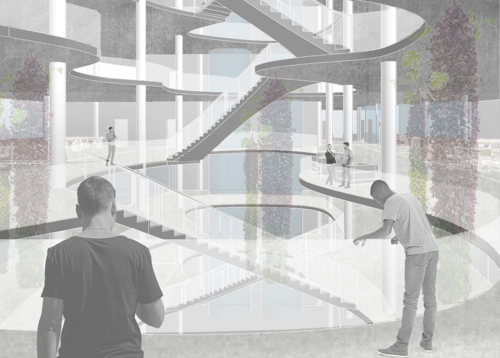 Dynamic atrium: An open, interactive space with cascading staircases and greenery, fostering collaboration and creativity.