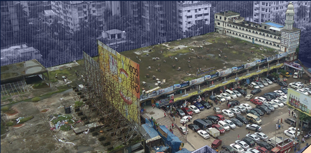 An aerial view of Gulshan Market, Dhaka, showcasing the current state before its transformation.