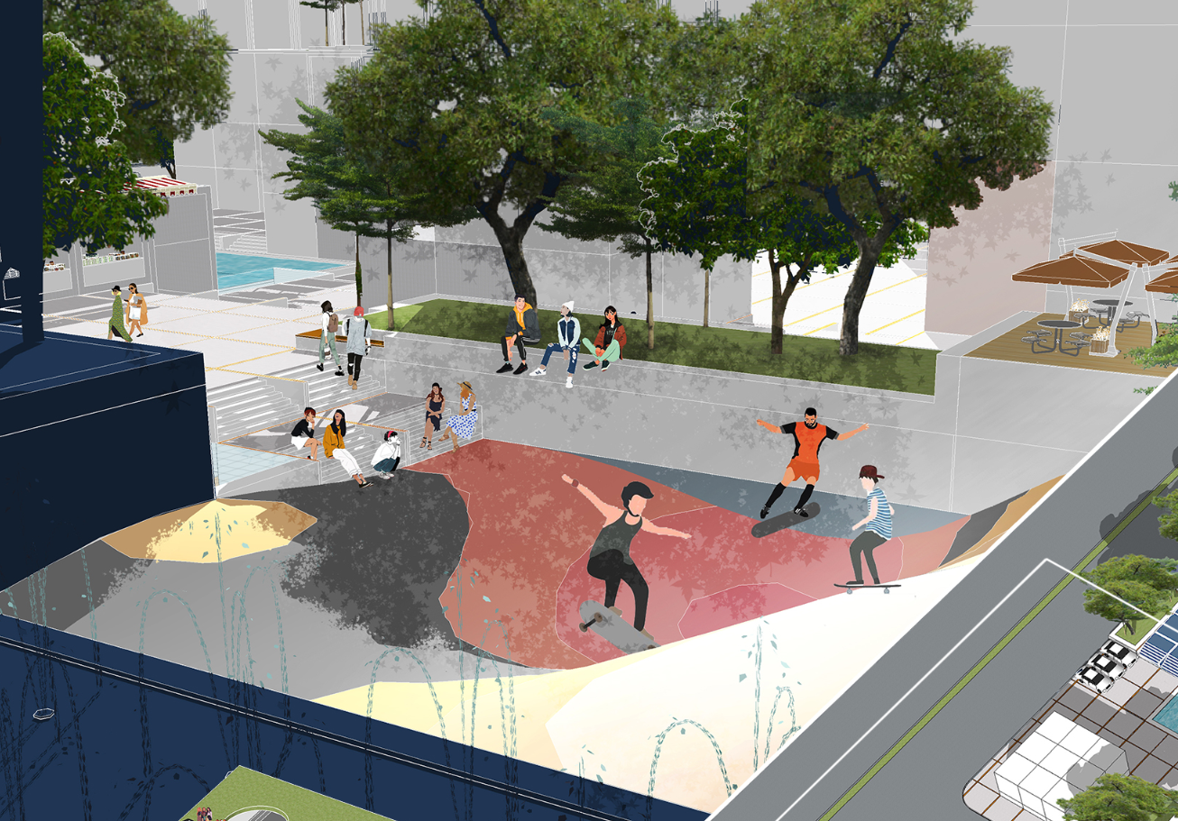 Dynamic community zone featuring a skate park and shaded seating.