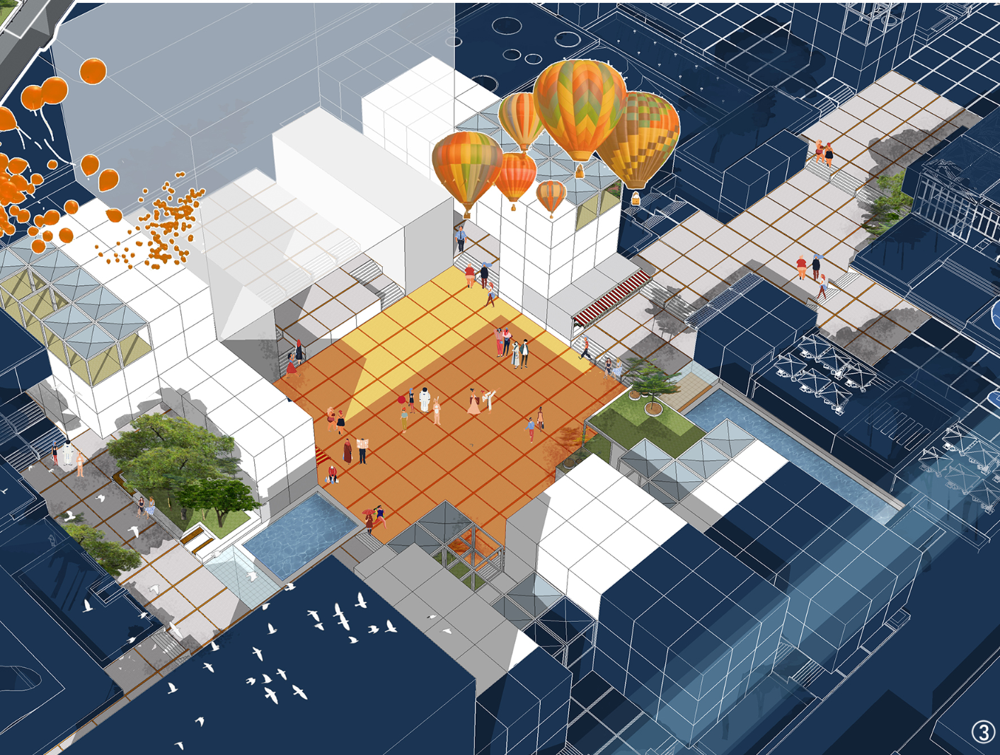 A conceptual visualization of an AI-driven adaptive urban hub.