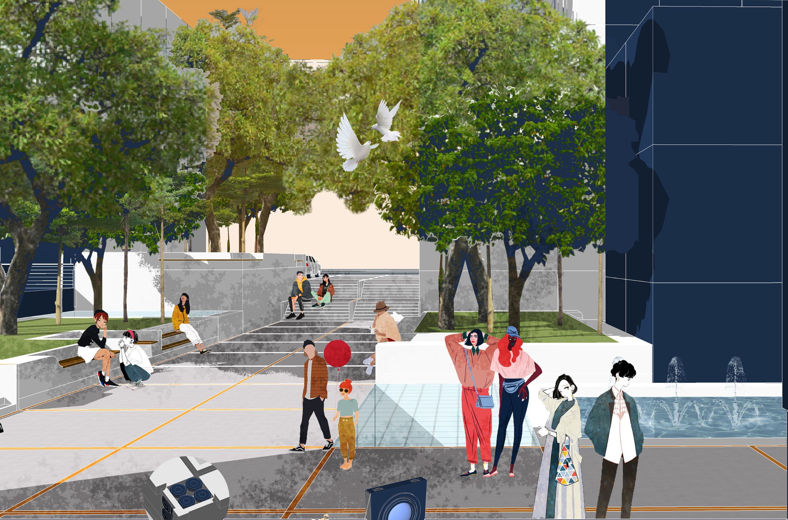 A tranquil public plaza with shaded seating, interactive spaces, and water features.