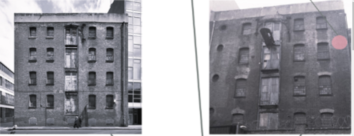 The untouched exterior of the Victorian-era warehouse, preserving its architectural charm before adaptive reuse.