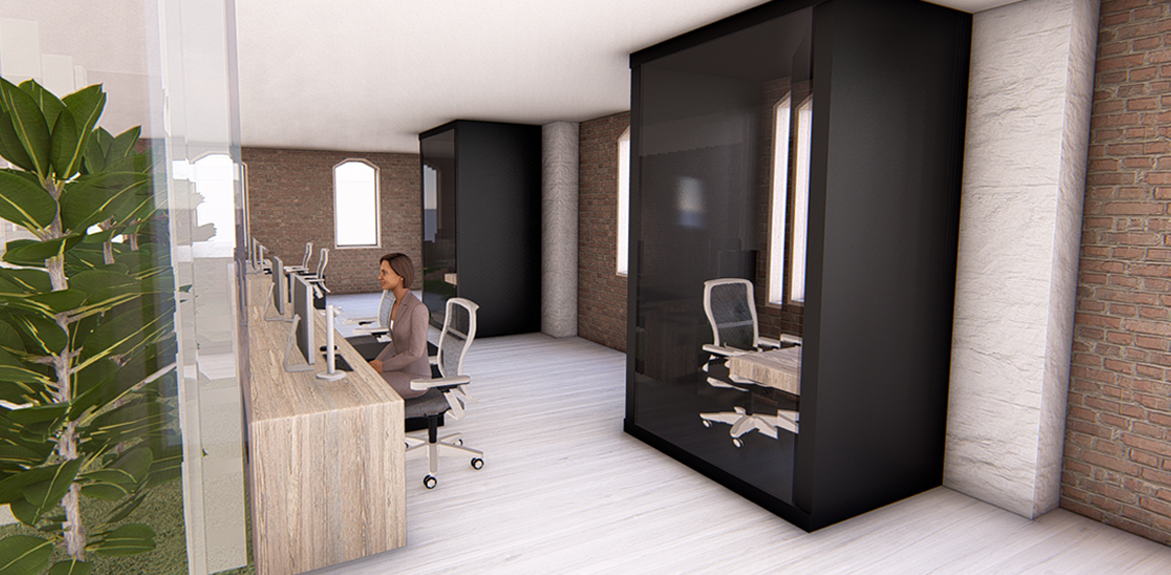 Modern workspaces designed with transparency and greenery, blending functionality with natural aesthetics.