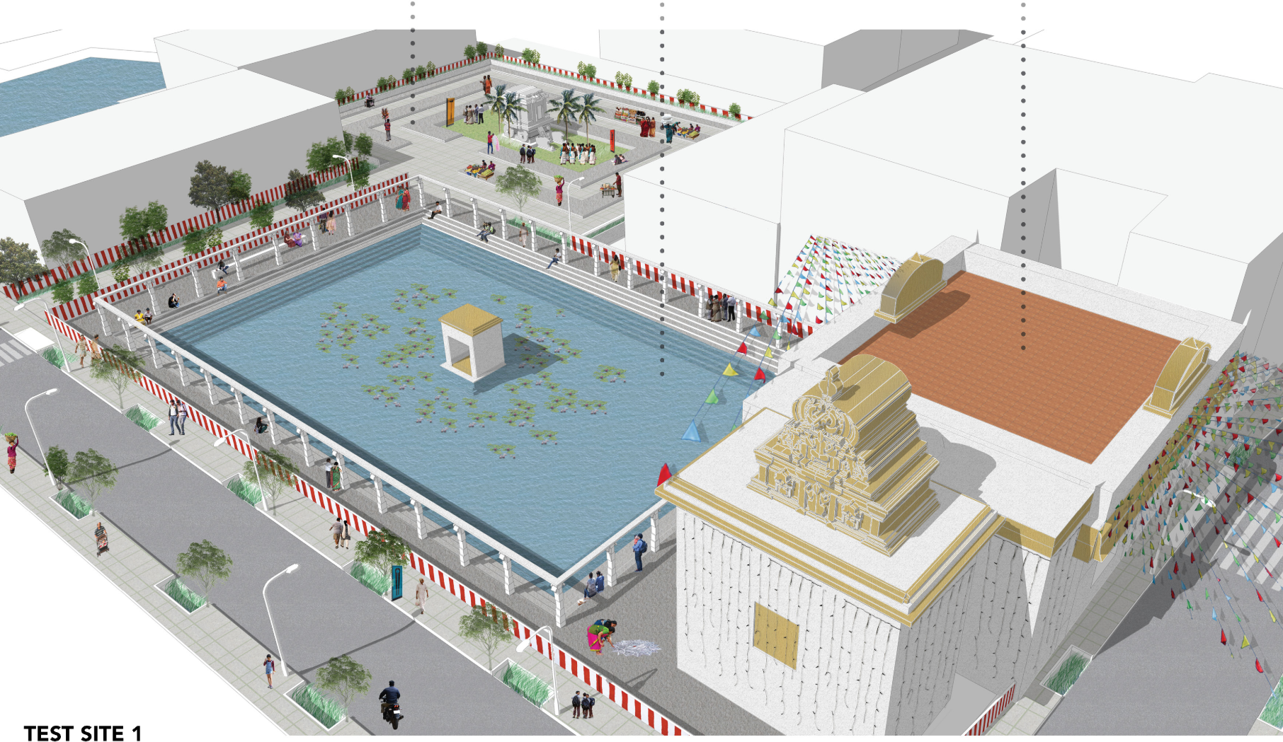 A revitalized temple precinct integrating water tanks, public spaces, and ecological restoration for community engagement.