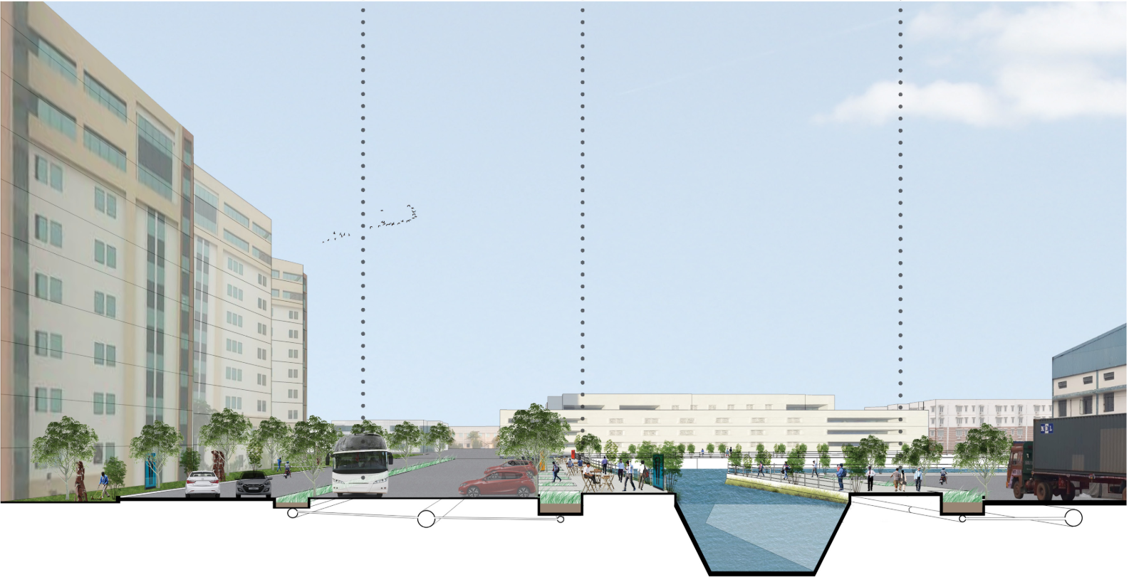 A cross-sectional view showcasing a blue-green street and activated public spaces designed to integrate community and ecological resilience.