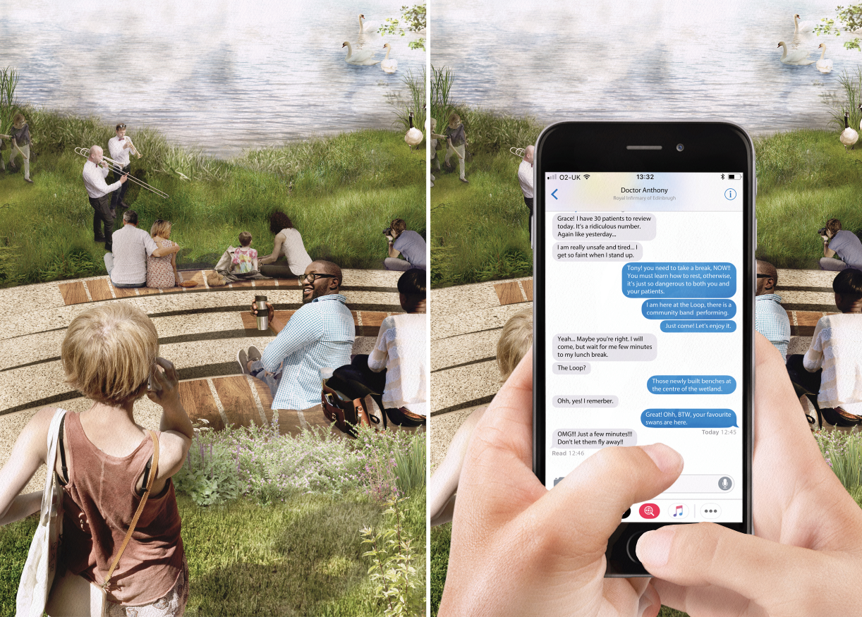 Community members enjoy a serene moment by the wetland amphitheater.