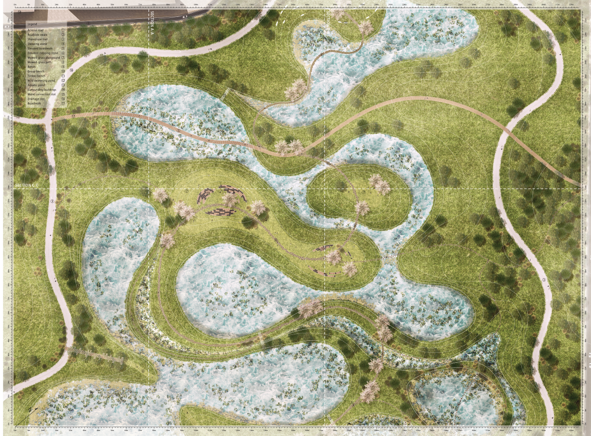 An aerial view highlights the dynamic interplay of meandering paths, wetlands, and green spaces.