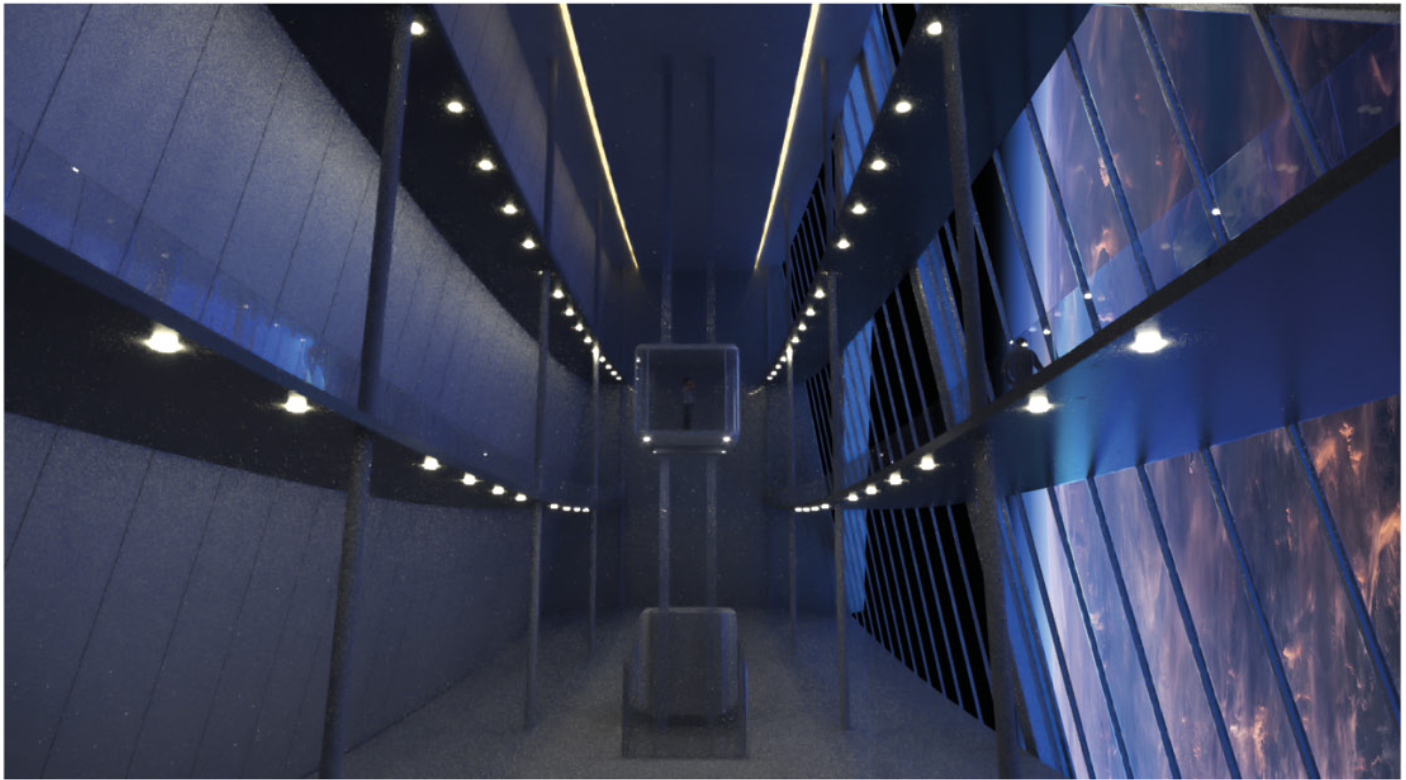 Observation bay offering a breathtaking view of Earth, combining technology and comfort for its inhabitants.