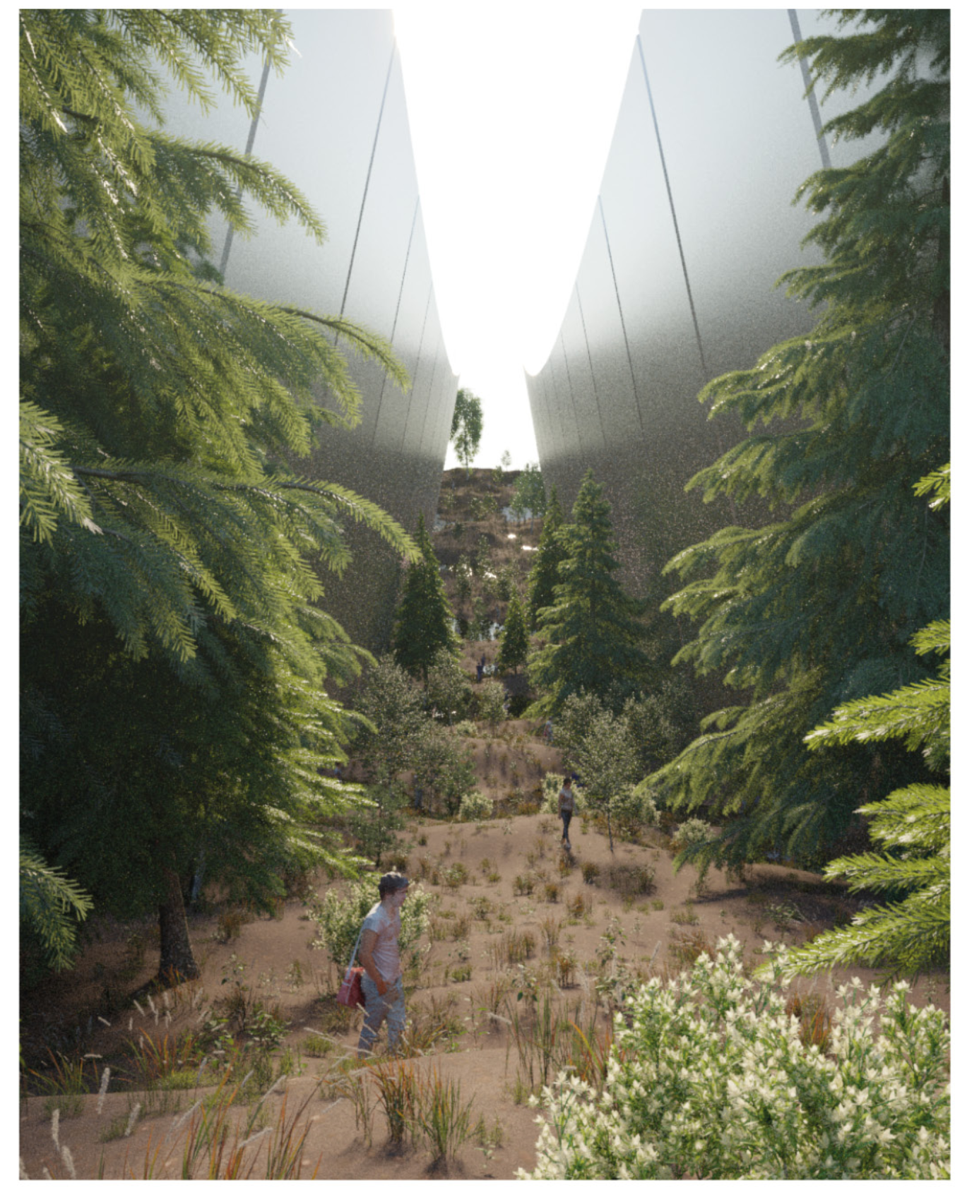 A lush green park on Foundation 2040, showcasing sustainable, habitable environments in space.