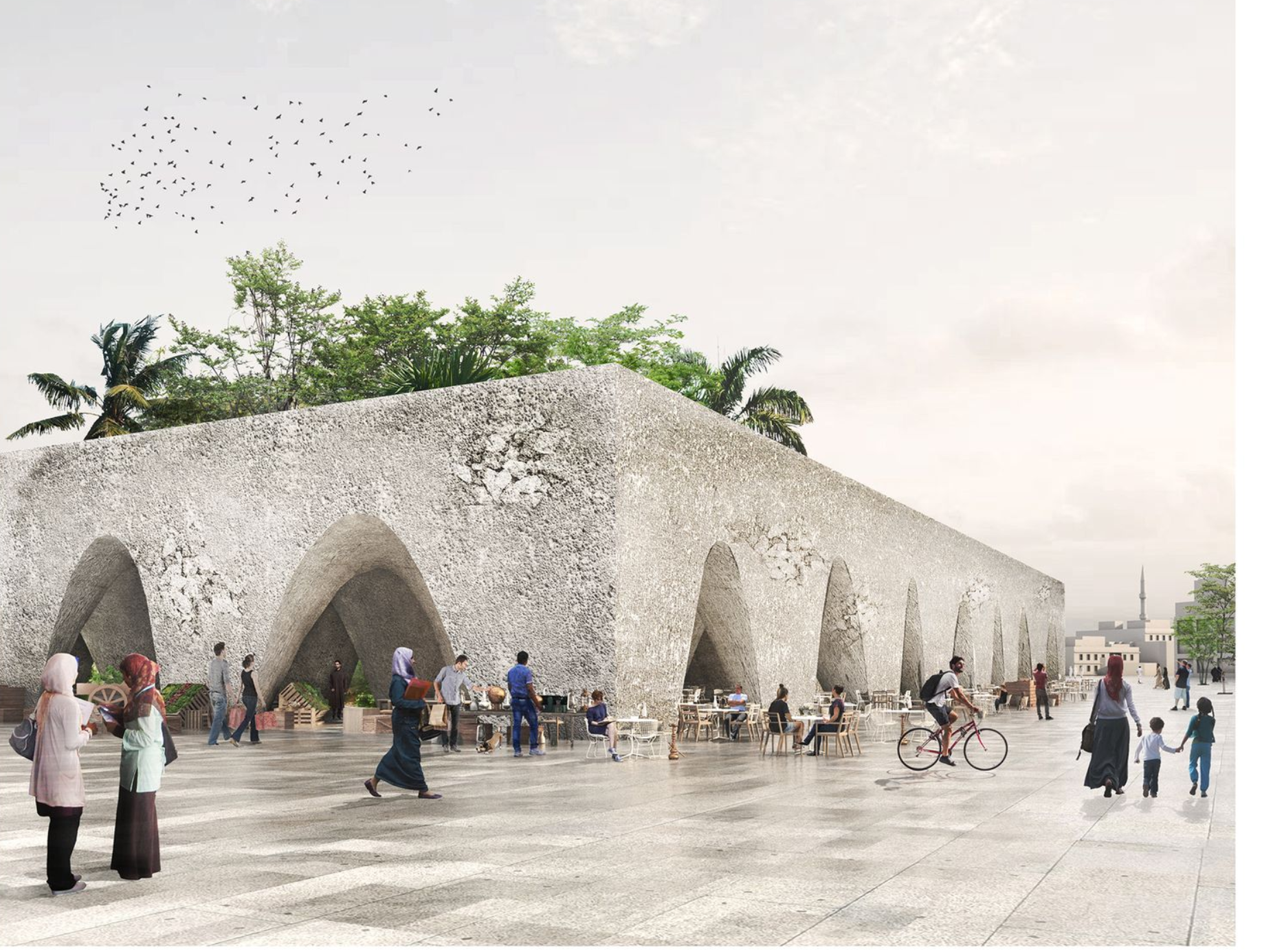 Modern arches meet tradition in a revitalized Aleppo, fostering community, connection, and peace.