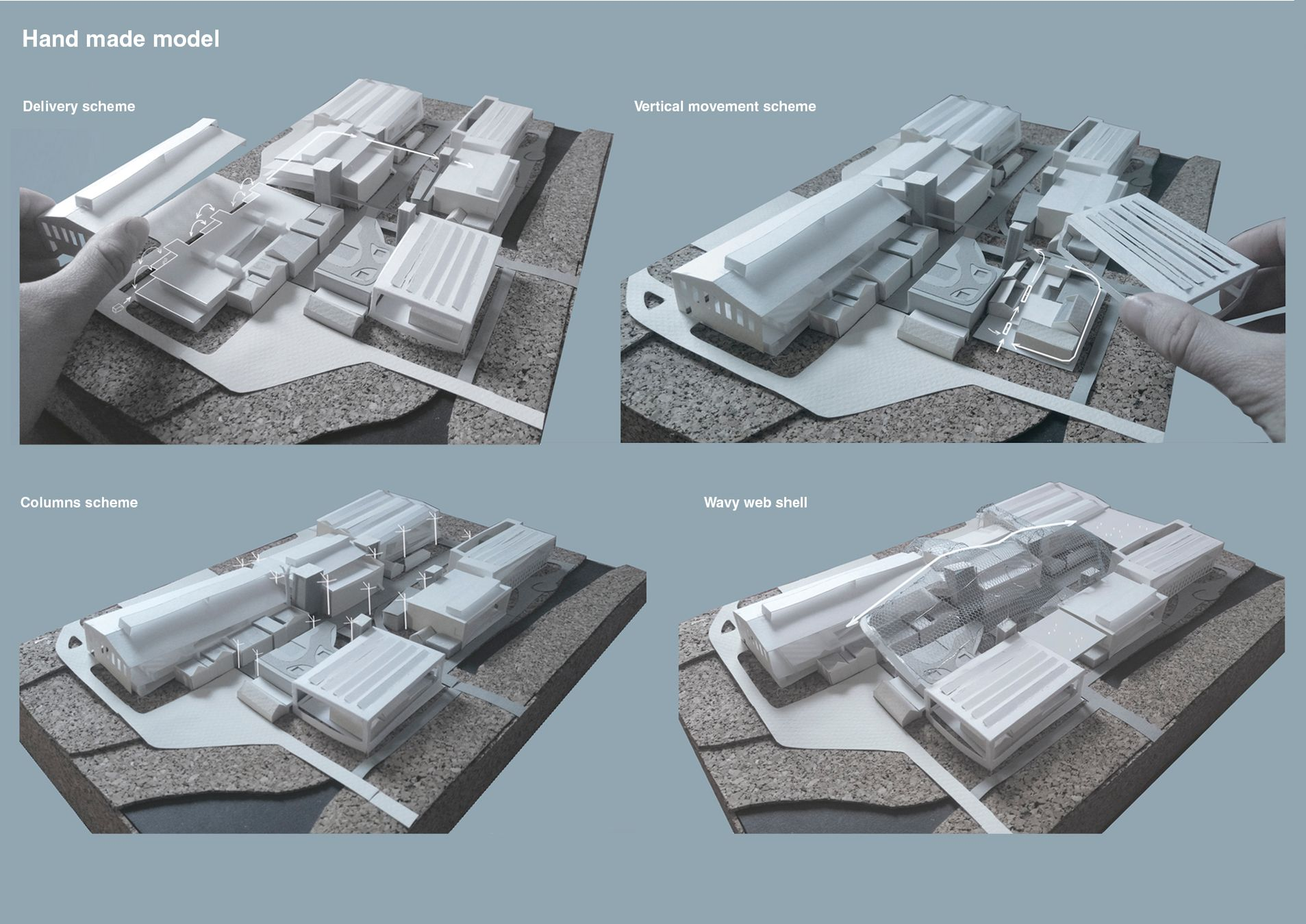 Handmade architectural model showcasing delivery, vertical movement, column structure, and wavy web shell concepts.