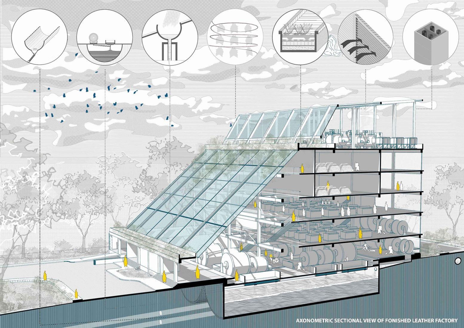 Sectional axonometric view illustrating the sustainable integration of natural light, green roofs, and efficient processing zones.