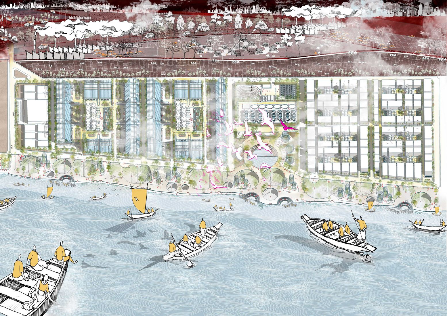 Master plan integrating eco-friendly tannery design with vibrant community spaces and sustainable waterfront development.